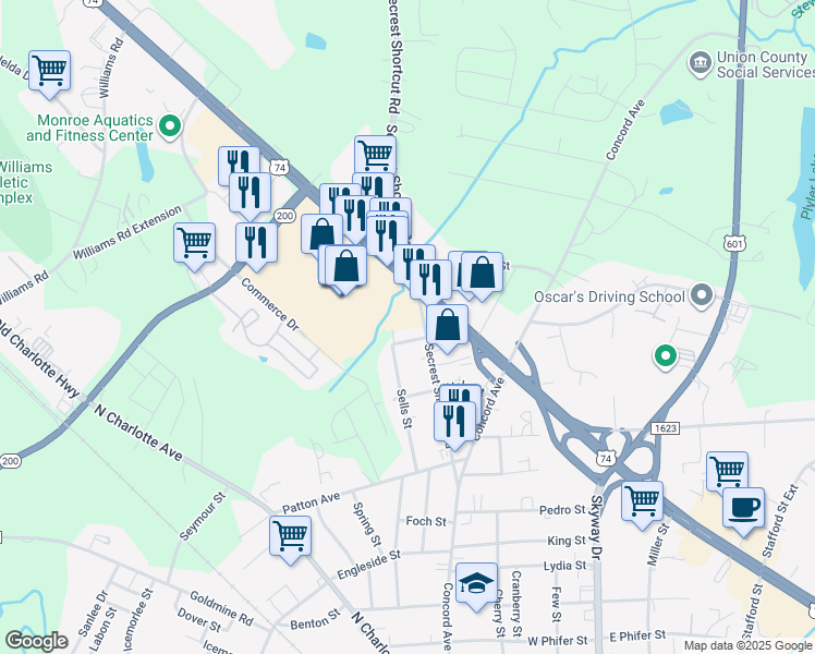 map of restaurants, bars, coffee shops, grocery stores, and more near 1717 Secrest Short Cut Road in Monroe