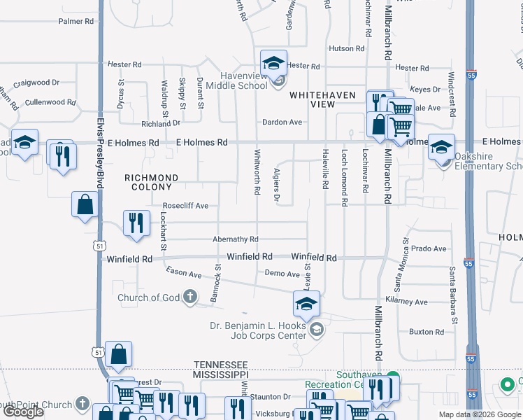 map of restaurants, bars, coffee shops, grocery stores, and more near 1466 Mary Jane Avenue in Memphis