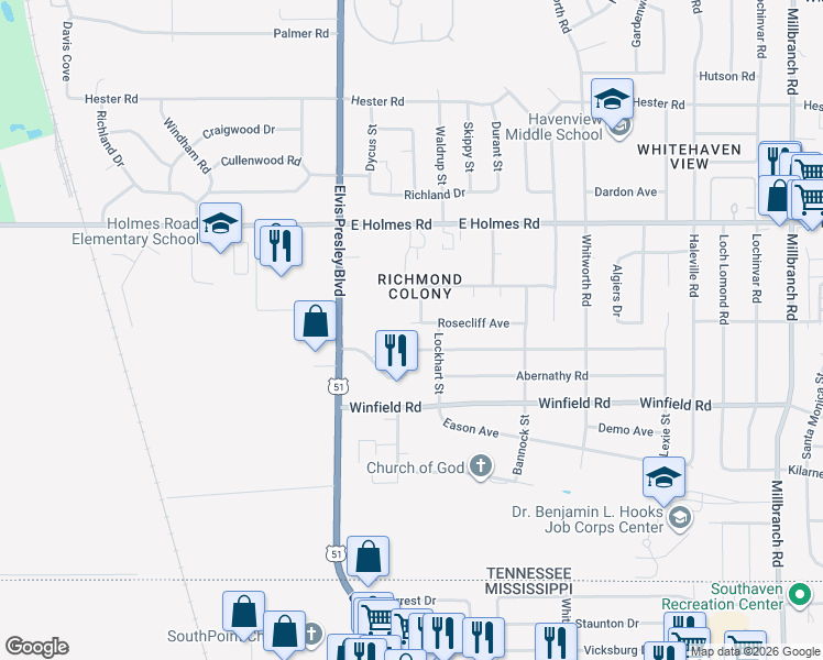 map of restaurants, bars, coffee shops, grocery stores, and more near 1252 Mary Jane Avenue in Memphis