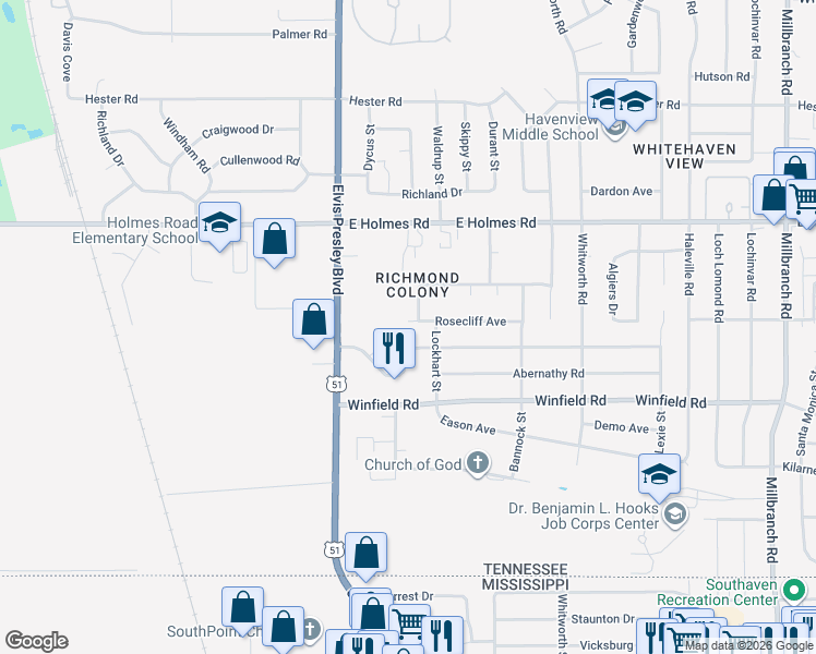 map of restaurants, bars, coffee shops, grocery stores, and more near 1252 Mary Jane Avenue in Memphis