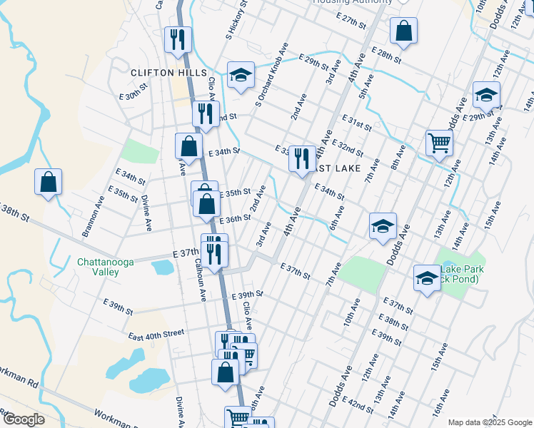 map of restaurants, bars, coffee shops, grocery stores, and more near 2105 East 36th Street in Chattanooga