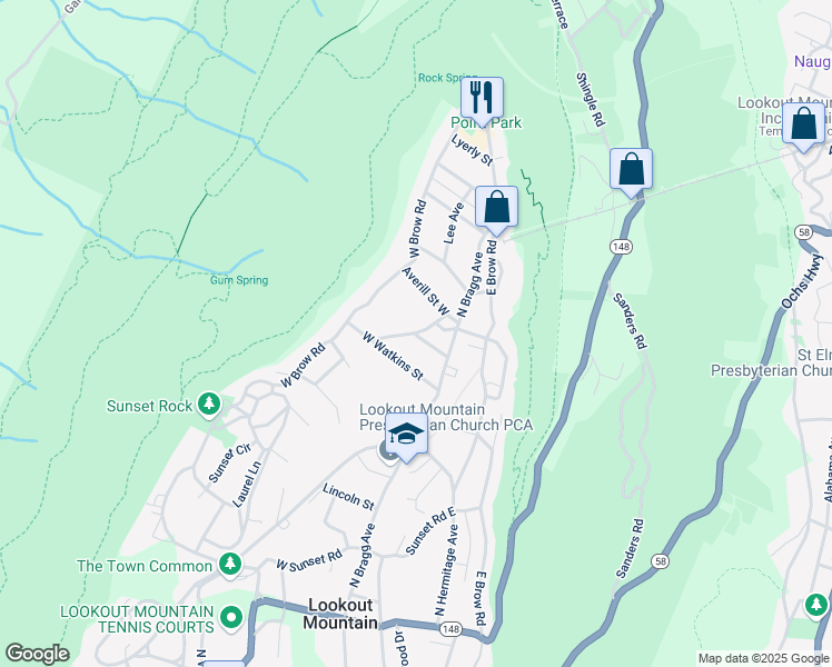 map of restaurants, bars, coffee shops, grocery stores, and more near 199 Florence Street in Lookout Mountain