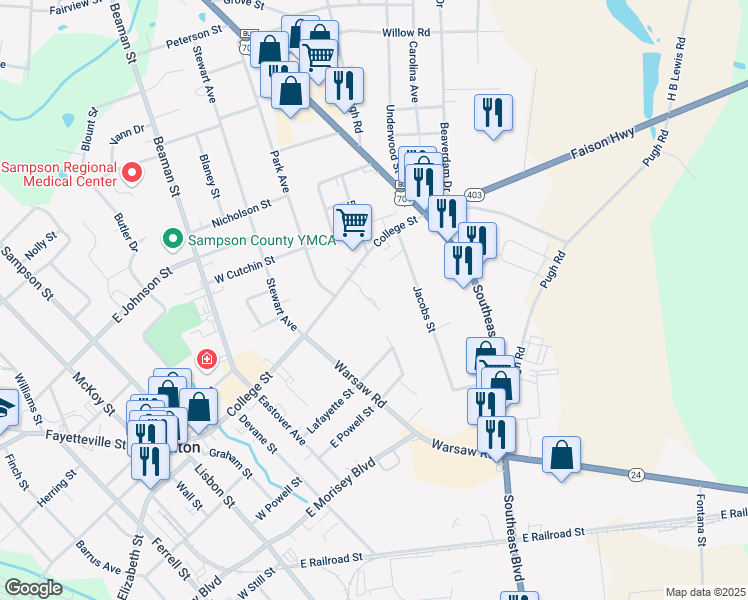 map of restaurants, bars, coffee shops, grocery stores, and more near 807 College Street in Clinton