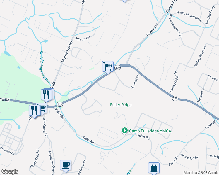 map of restaurants, bars, coffee shops, grocery stores, and more near 1299 Springview Drive in Chattanooga