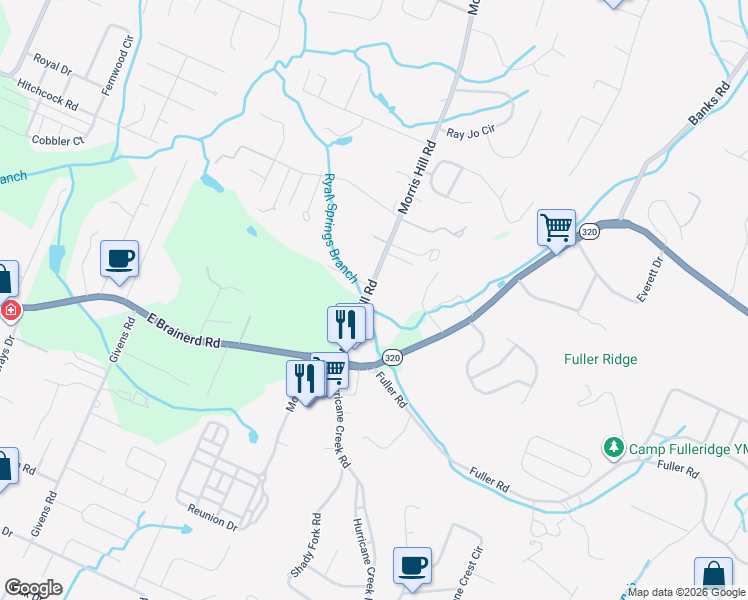 map of restaurants, bars, coffee shops, grocery stores, and more near 1414 Morris Hill Road in Chattanooga