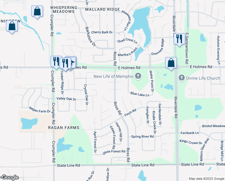 map of restaurants, bars, coffee shops, grocery stores, and more near 5338 Ross Road in Memphis