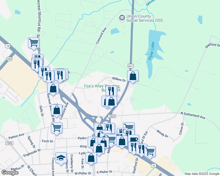 map of restaurants, bars, coffee shops, grocery stores, and more near 201 Wilkes Drive in Monroe
