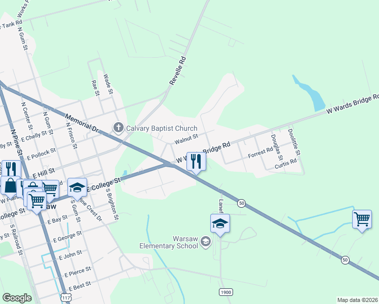 map of restaurants, bars, coffee shops, grocery stores, and more near 230 West Wards Bridge Road in Warsaw