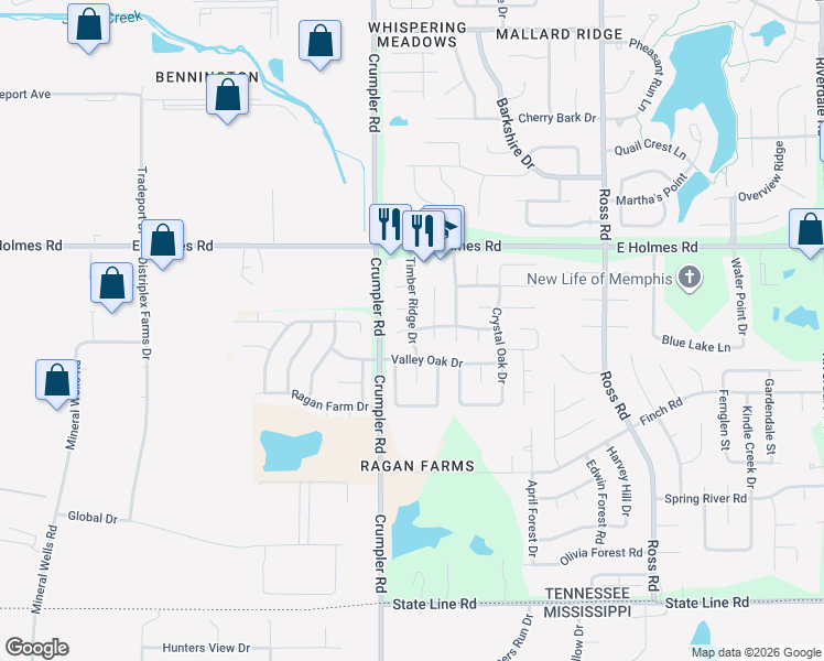 map of restaurants, bars, coffee shops, grocery stores, and more near 6468 Oak Hurst Drive in Memphis