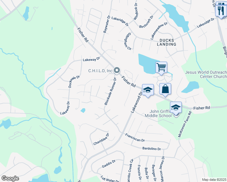 map of restaurants, bars, coffee shops, grocery stores, and more near 2767 Blockade Runner Drive in Fayetteville