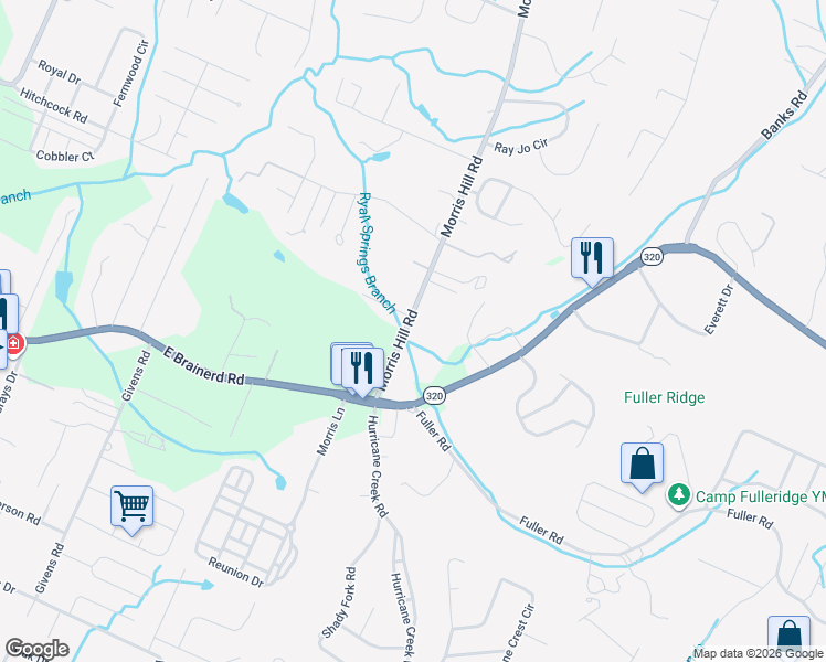 map of restaurants, bars, coffee shops, grocery stores, and more near 1414 Morris Hill Road in Chattanooga