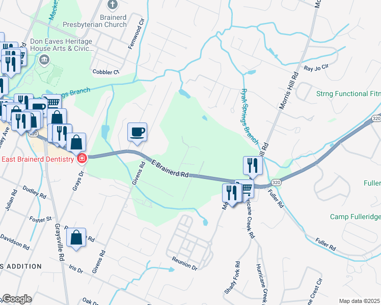 map of restaurants, bars, coffee shops, grocery stores, and more near 1110 Shady Rest Road in Chattanooga