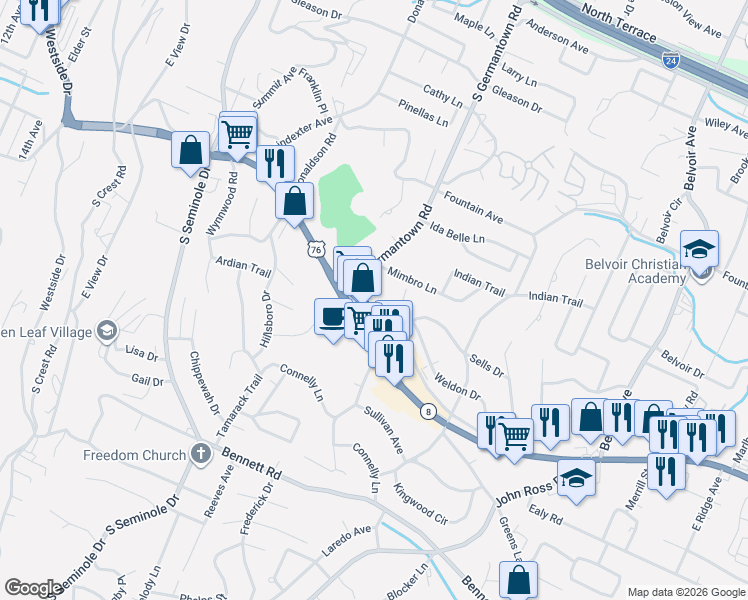 map of restaurants, bars, coffee shops, grocery stores, and more near 3615 Ringgold Road in Chattanooga