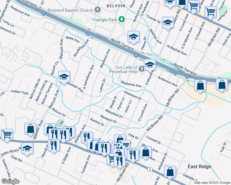 map of restaurants, bars, coffee shops, grocery stores, and more near 707 Shady Drive in Chattanooga
