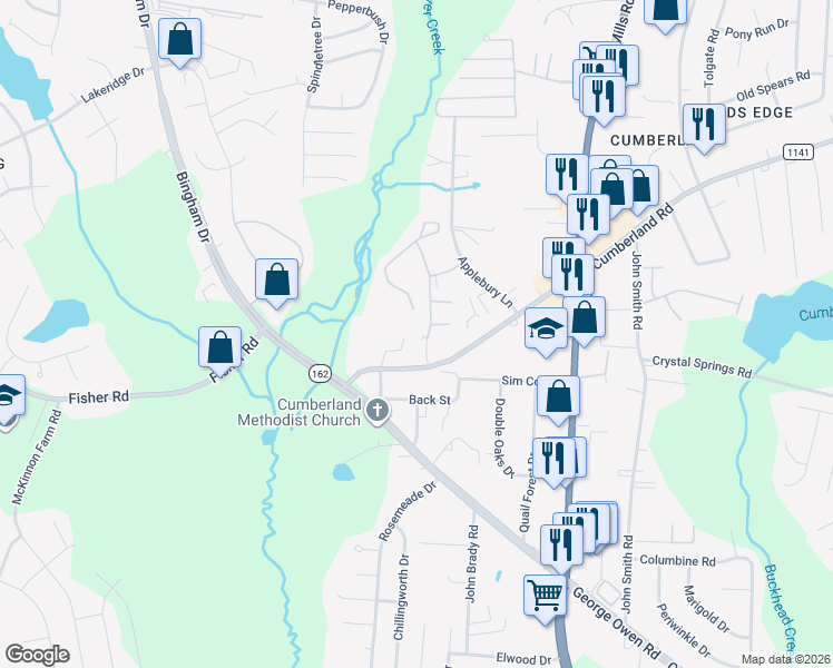 map of restaurants, bars, coffee shops, grocery stores, and more near 2580 Cumberland Creek Drive in Fayetteville