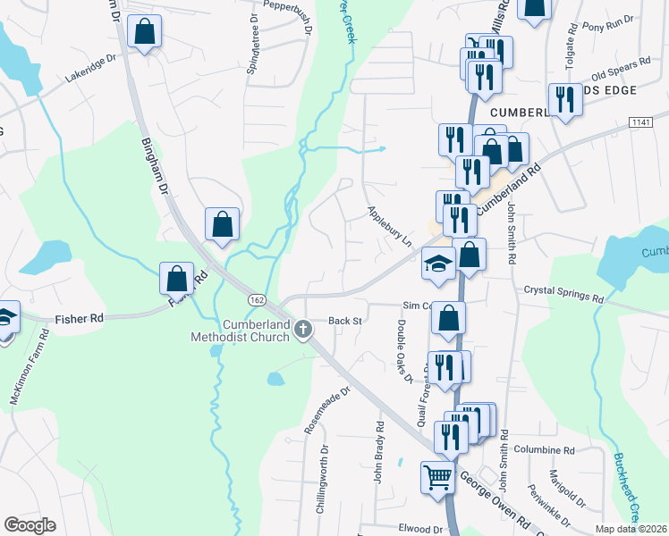 map of restaurants, bars, coffee shops, grocery stores, and more near 2580 Cumberland Creek Drive in Fayetteville