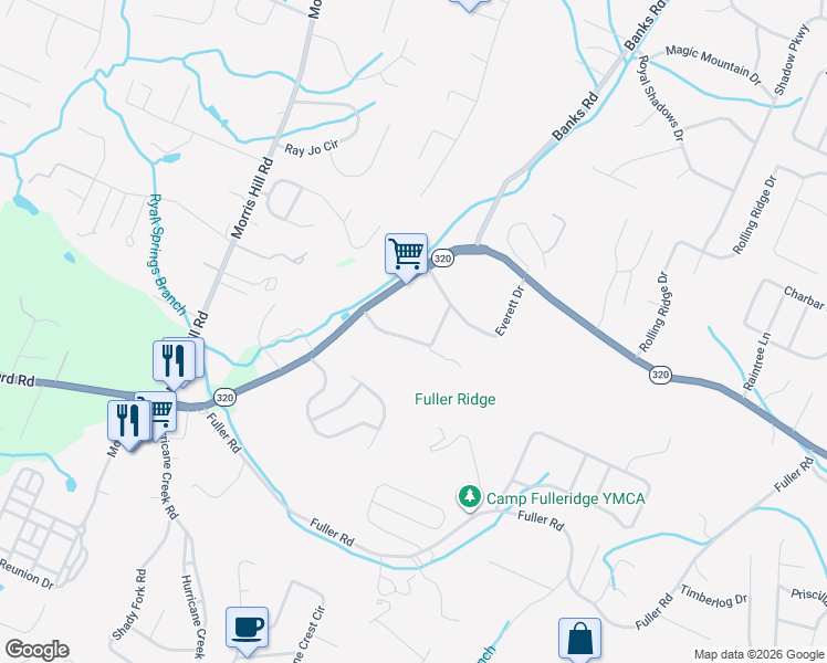 map of restaurants, bars, coffee shops, grocery stores, and more near 1299 Springview Drive in Chattanooga