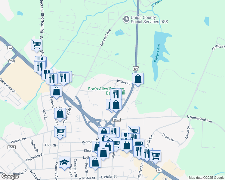 map of restaurants, bars, coffee shops, grocery stores, and more near 201 Wilkes Drive in Monroe