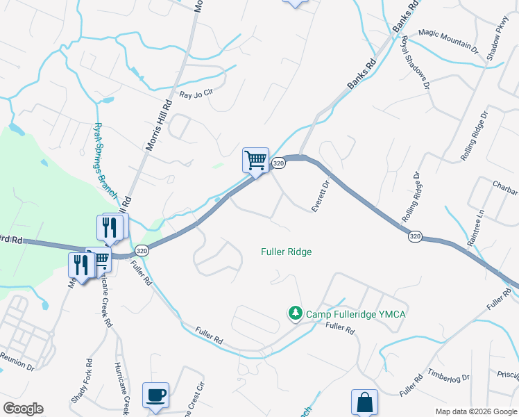 map of restaurants, bars, coffee shops, grocery stores, and more near 1299 Springview Drive in Chattanooga
