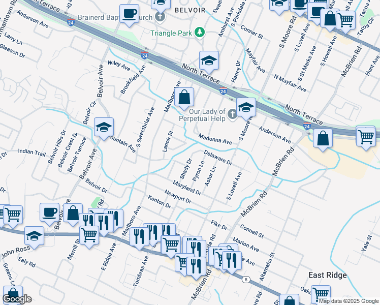 map of restaurants, bars, coffee shops, grocery stores, and more near 707 Shady Drive in Chattanooga