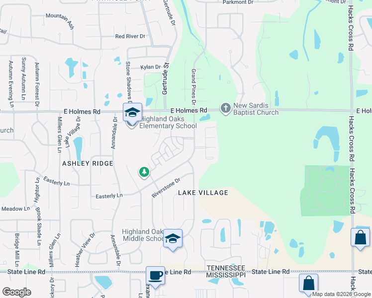 map of restaurants, bars, coffee shops, grocery stores, and more near 7603 Easterly Lane in Memphis