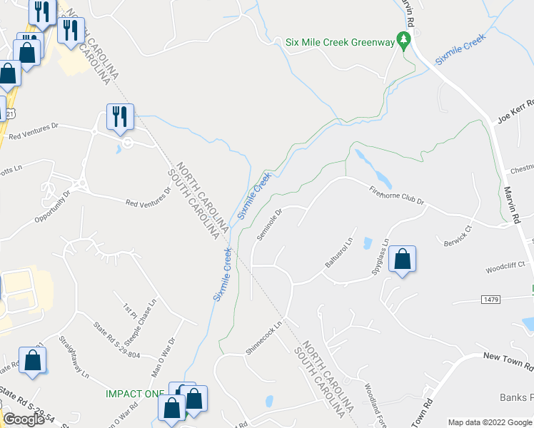 map of restaurants, bars, coffee shops, grocery stores, and more near 1016 Seminole Drive in Waxhaw