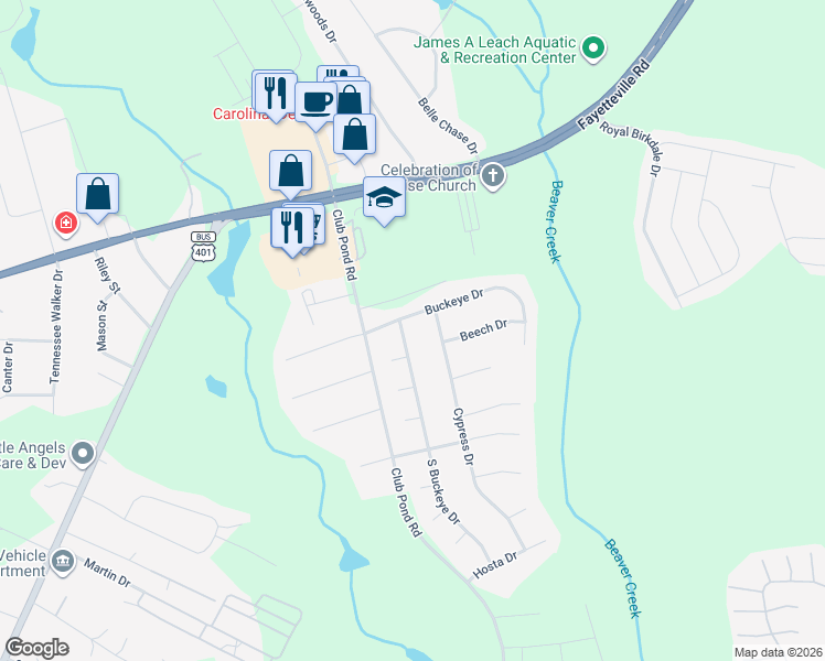 map of restaurants, bars, coffee shops, grocery stores, and more near 806 South Buckeye Drive in Raeford