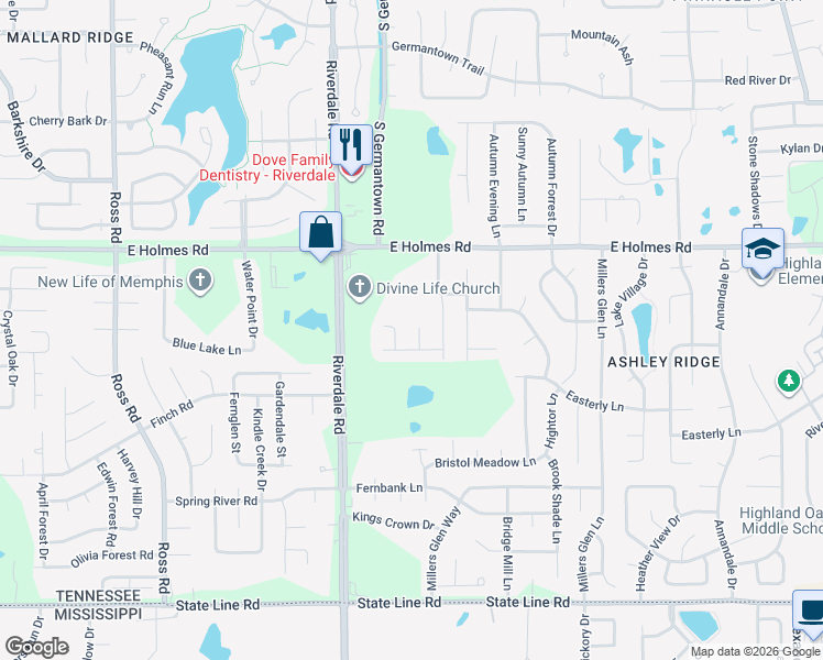 map of restaurants, bars, coffee shops, grocery stores, and more near 5309 Marissa Cove in Memphis