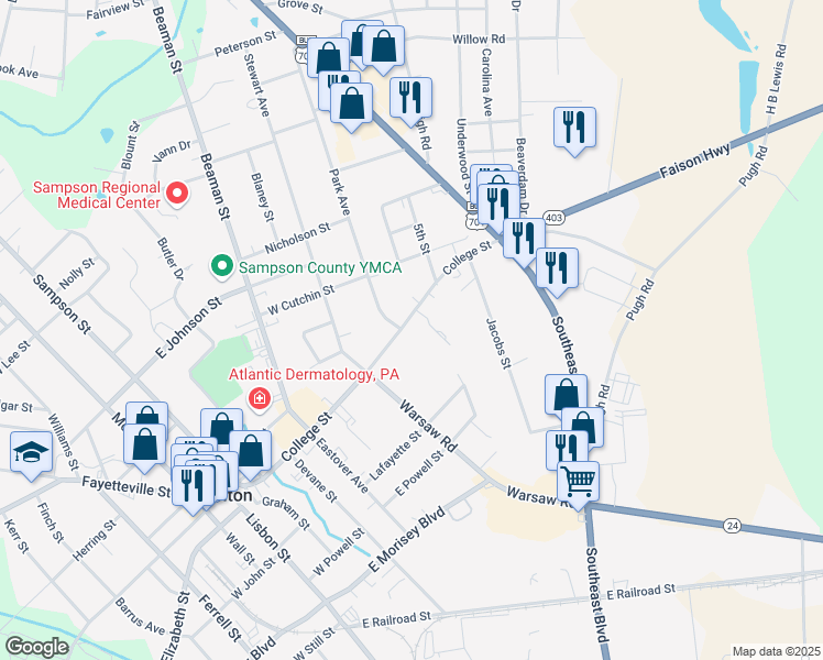 map of restaurants, bars, coffee shops, grocery stores, and more near 807 College Street in Clinton