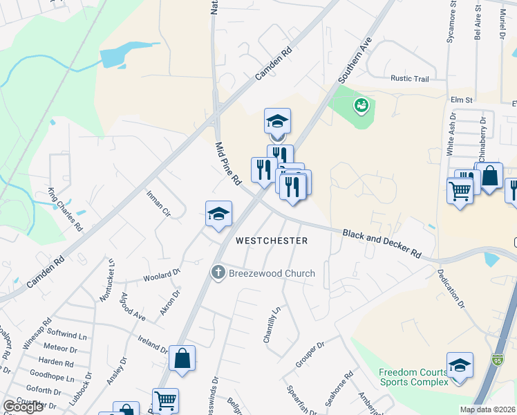 map of restaurants, bars, coffee shops, grocery stores, and more near 3145 State Road 1132 in Hope Mills