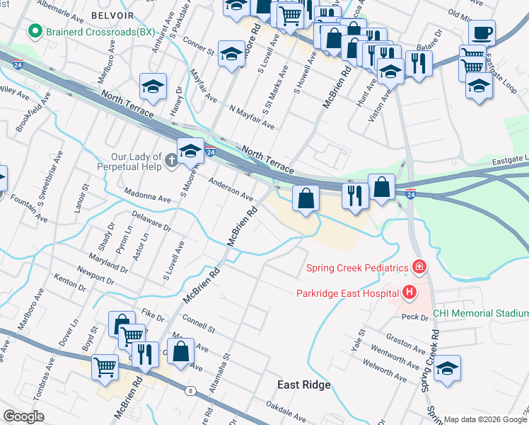 map of restaurants, bars, coffee shops, grocery stores, and more near 5308 Anderson Avenue in East Ridge