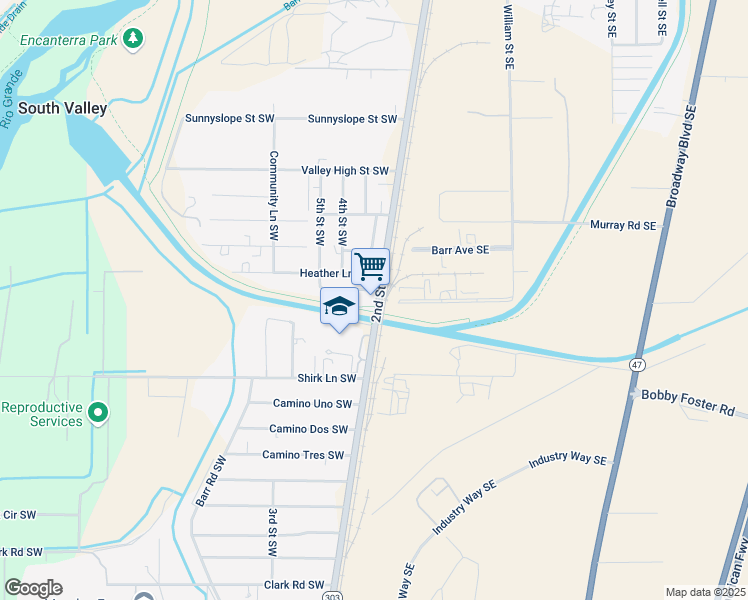 map of restaurants, bars, coffee shops, grocery stores, and more near 301 Bear Lane Southwest in Albuquerque