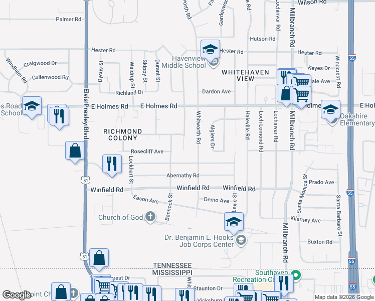 map of restaurants, bars, coffee shops, grocery stores, and more near 5294 Cresser Street in Memphis