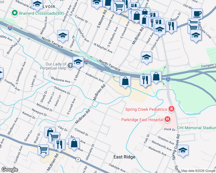 map of restaurants, bars, coffee shops, grocery stores, and more near 5308 Anderson Avenue in Chattanooga
