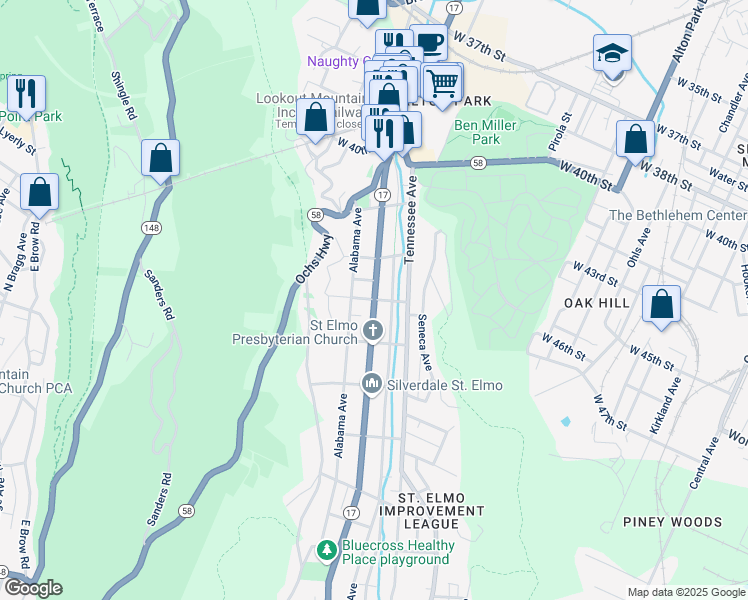 map of restaurants, bars, coffee shops, grocery stores, and more near Saint Elmo Avenue in Chattanooga