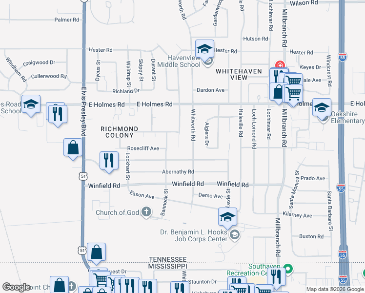 map of restaurants, bars, coffee shops, grocery stores, and more near 5294 Cresser Street in Memphis