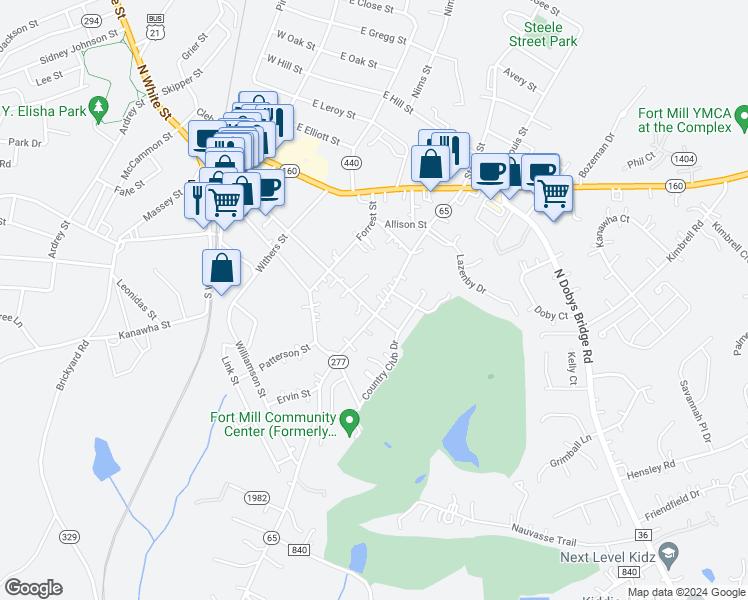 map of restaurants, bars, coffee shops, grocery stores, and more near 329 Confederate Street in Fort Mill