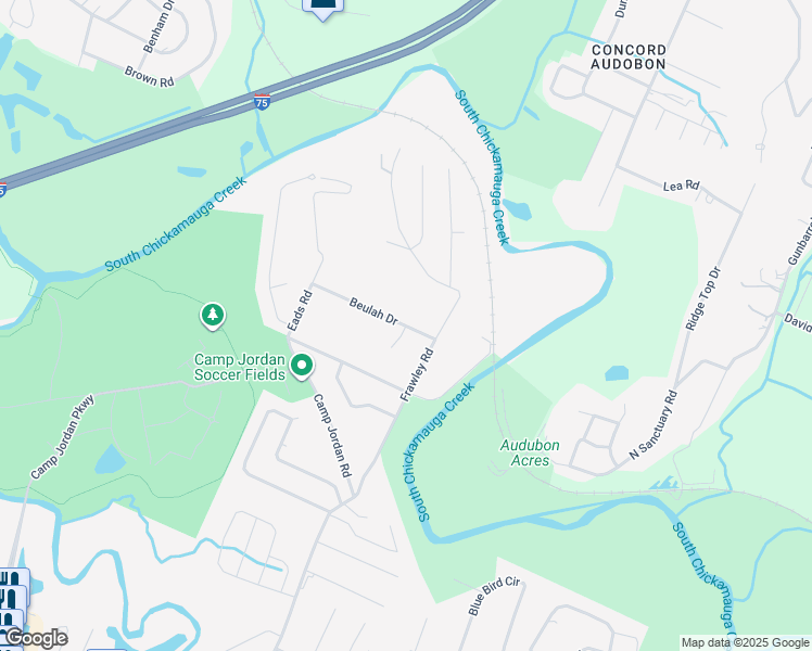 map of restaurants, bars, coffee shops, grocery stores, and more near 6833 Beulah Drive in East Ridge