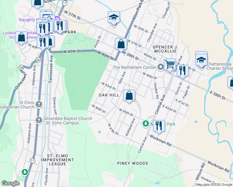 map of restaurants, bars, coffee shops, grocery stores, and more near 4221 Ohls Avenue in Chattanooga