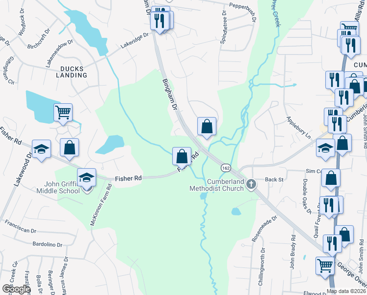 map of restaurants, bars, coffee shops, grocery stores, and more near Bingham Drive in Fayetteville