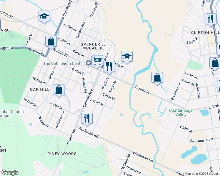map of restaurants, bars, coffee shops, grocery stores, and more near 3816 Dorris Street in Chattanooga