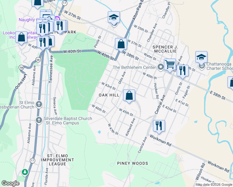 map of restaurants, bars, coffee shops, grocery stores, and more near 4221 Ohls Avenue in Chattanooga