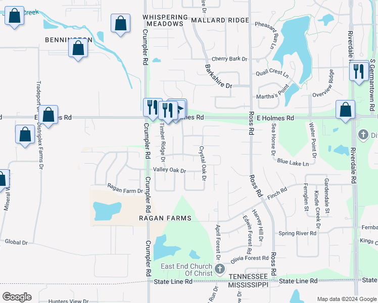 map of restaurants, bars, coffee shops, grocery stores, and more near 6544 Oak Hurst Drive in Memphis