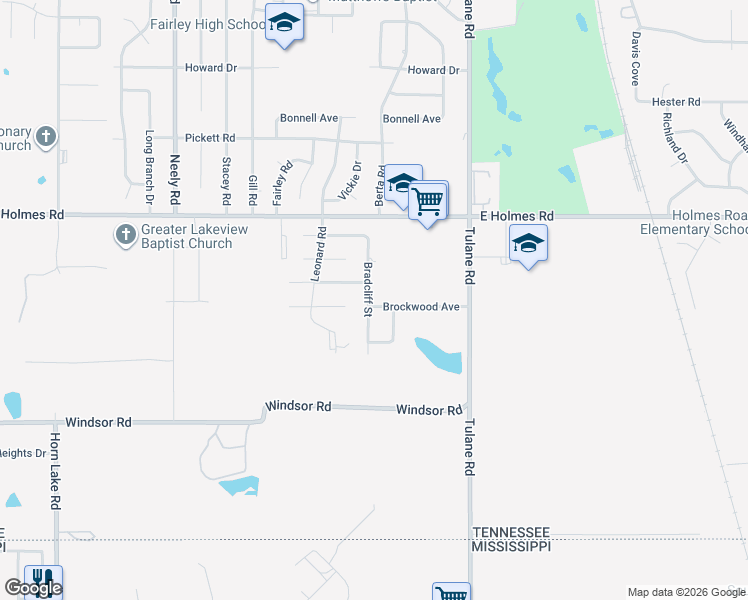 map of restaurants, bars, coffee shops, grocery stores, and more near 5314 Bradcliff Street in Memphis