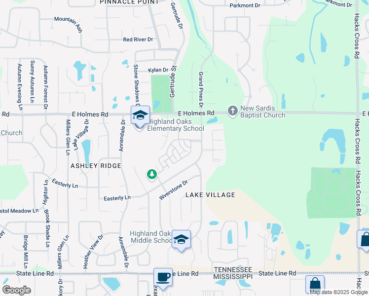 map of restaurants, bars, coffee shops, grocery stores, and more near 5303 Ridgelaurel Terrace in Memphis