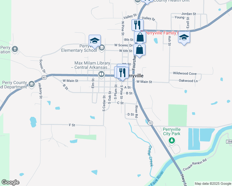 map of restaurants, bars, coffee shops, grocery stores, and more near South Plum Street in Perryville