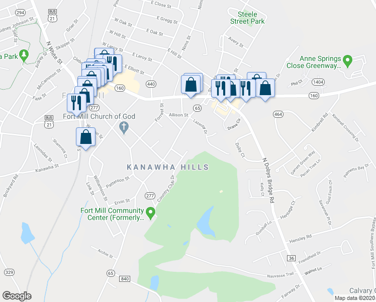 map of restaurants, bars, coffee shops, grocery stores, and more near 1555 Paddock Club Lane in Fort Mill