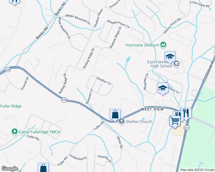 map of restaurants, bars, coffee shops, grocery stores, and more near 9316 Charbar Circle in Chattanooga