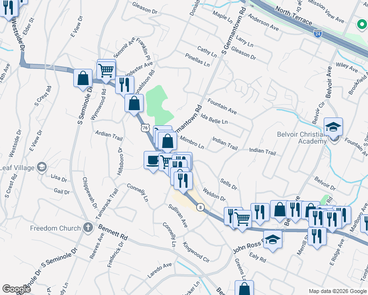map of restaurants, bars, coffee shops, grocery stores, and more near 3520 Mimbro Lane in Chattanooga