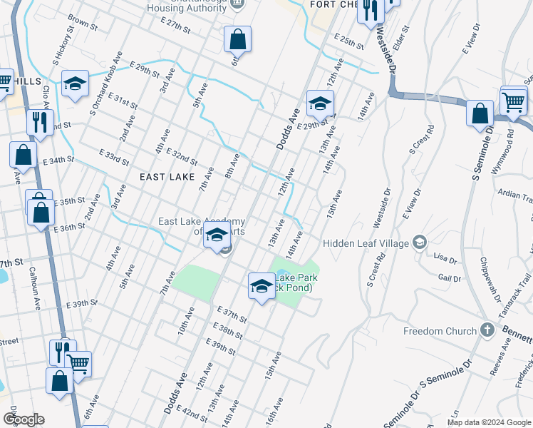 map of restaurants, bars, coffee shops, grocery stores, and more near 3206 Dodds Avenue in Chattanooga
